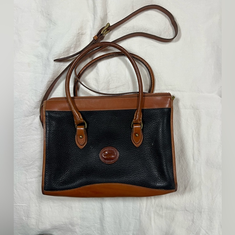 Vintage Dooney & Bourke All Weather Leather AWL Black Tan Satchel Crossbody Bag